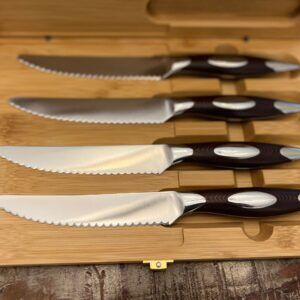 4PC G10 Brown Serrated Steak Knives/Dining Knives in Magnetic Bamboo Latched Box