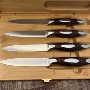 4PC G10 Brown Straight Blade Steak/Dining Knives in Magnetic Bamboo Latched Case